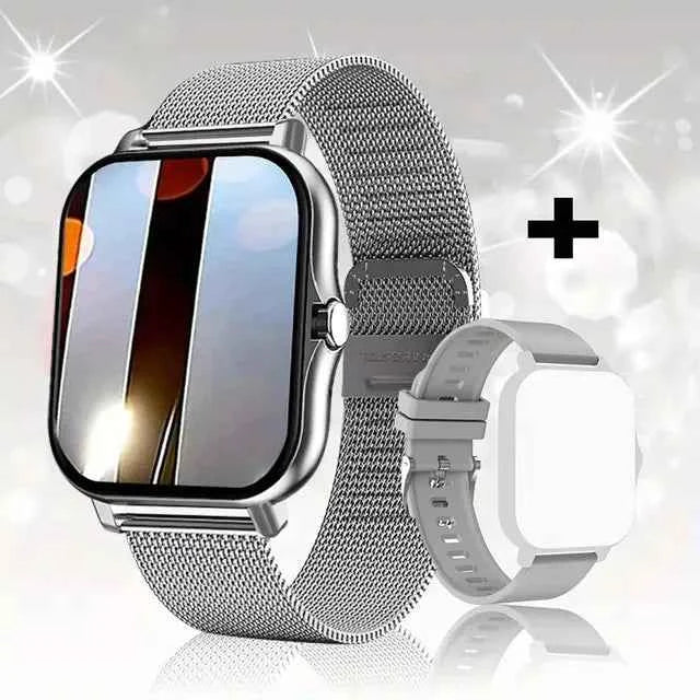 Montre connectée fitness avec bracelet en acier inoxydable et écran tactile moderne