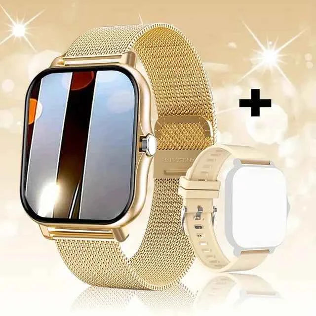 Montre connectée fitness dorée avec bracelet en métal et affichage élégant