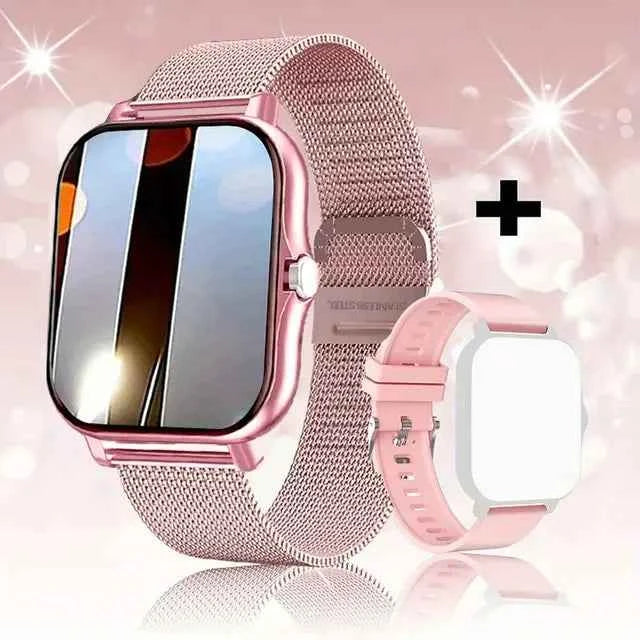 Montre connectée fitness en rose avec bracelet en métal et silicone, idéale pour le suivi d'activités