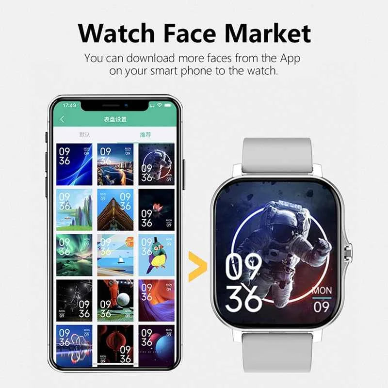 Montre connectée fitness affichant des visages personnalisables sur smartphone et sur l'écran de la montre