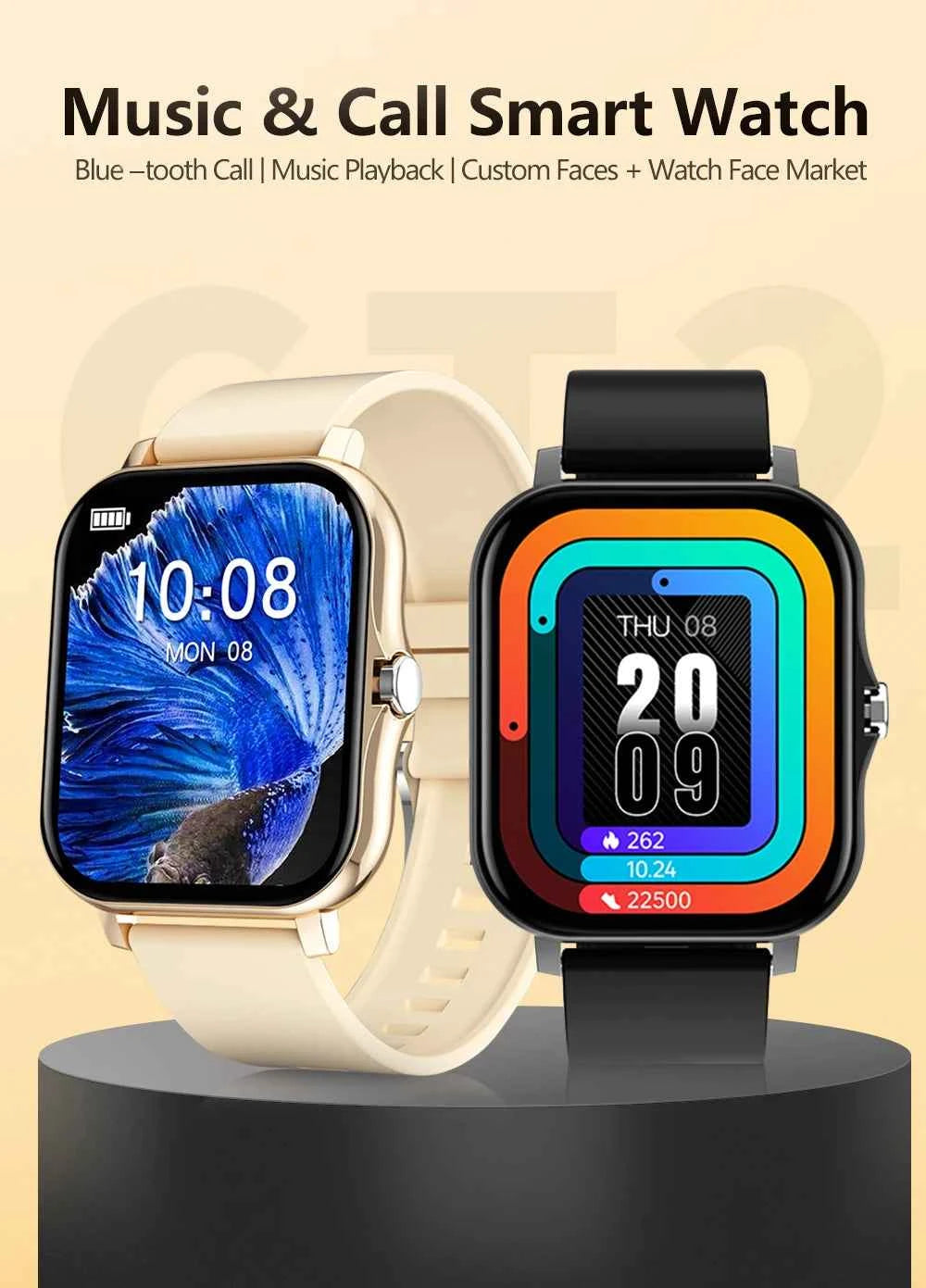 Montre connectée fitness en bleu et noir avec affichage des appels et de la musique