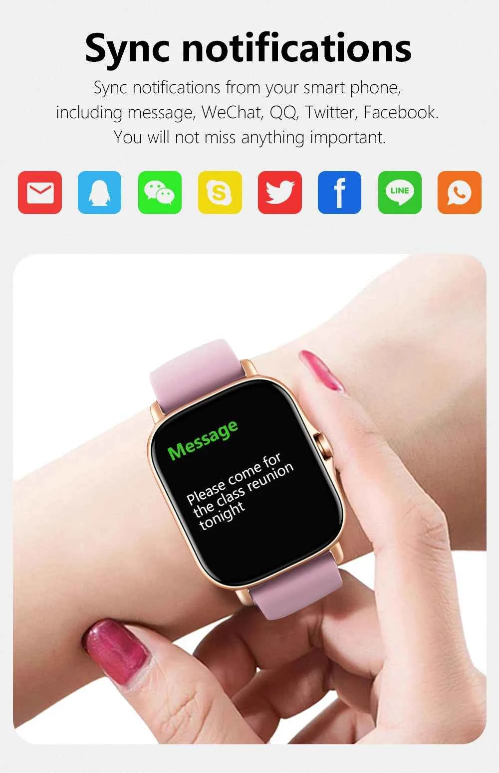 Montre connectée fitness avec notifications synchronisées et écran tactile, idéale pour un mode de vie actif