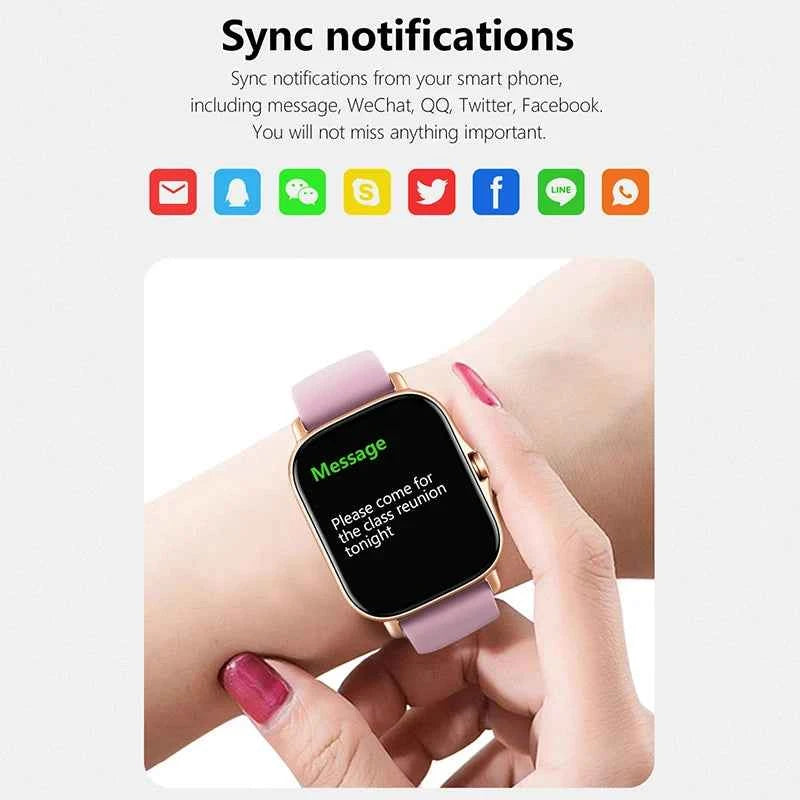 Montre connectée fitness affichant des notifications de message sur un poignet avec bracelet rose