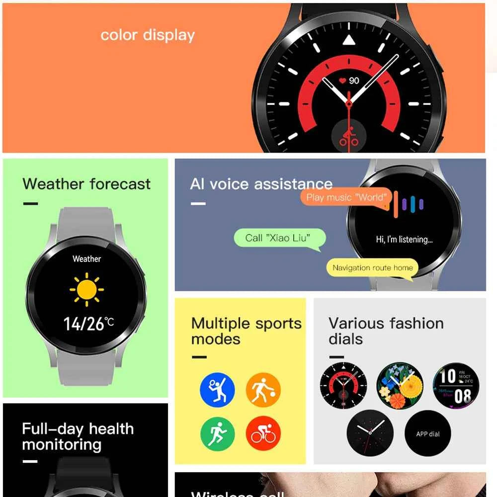 Montre connectée homme avec affichage couleur, assistance vocale et modes de sport variés
