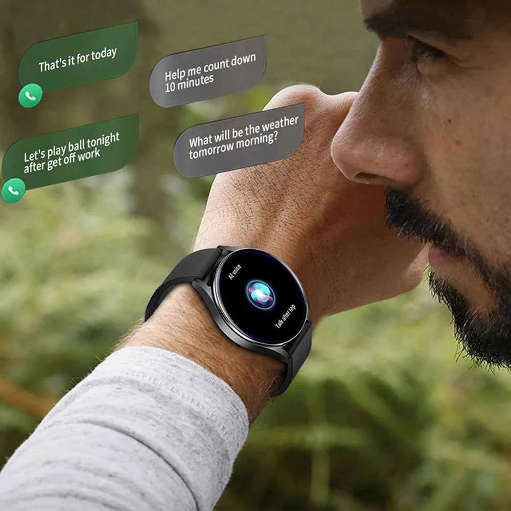 Montre connectée homme avec assistant vocal et notifications en temps réel sur un poignet masculin