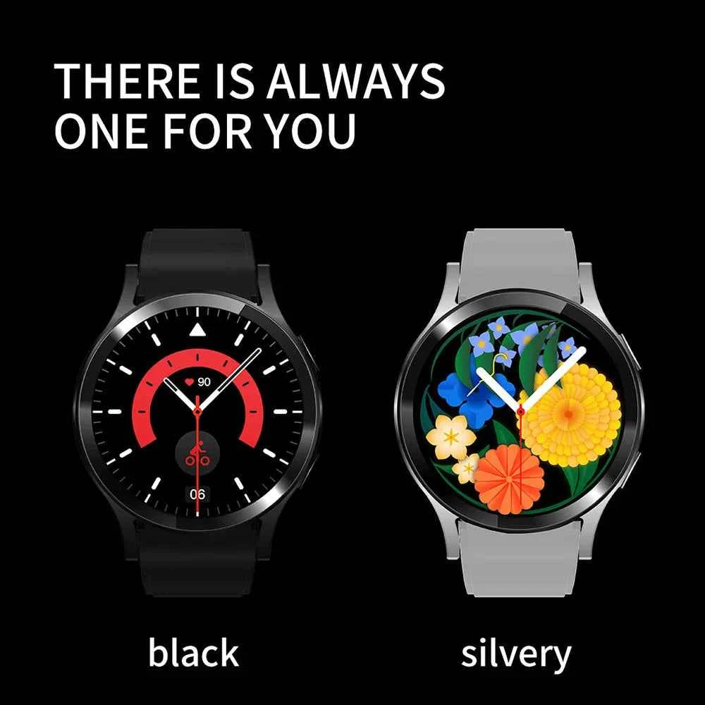 Montre connectée homme en noir et argent avec divers cadrans colorés et options de personnalisation