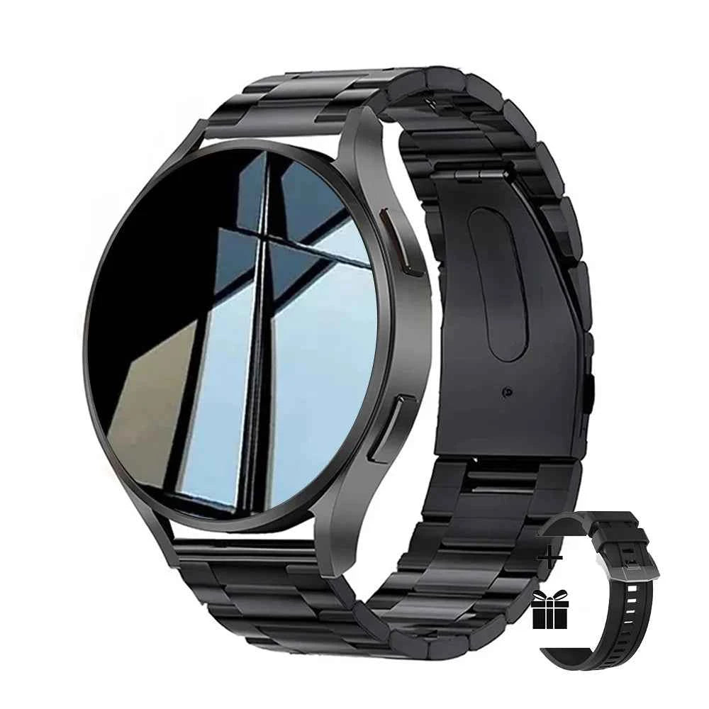 Montre connectée homme avec bracelet en métal noir et écran circulaire élégant
