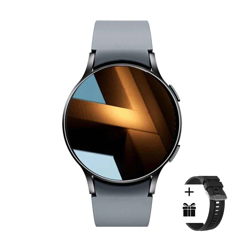 Montre connectée homme avec écran rond et bracelet en silicone gris, idéale pour le suivi de fitness