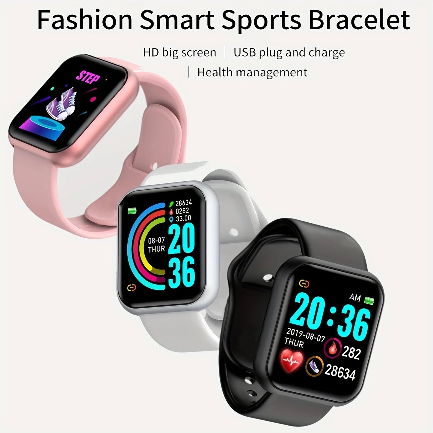 Montre connectée pas chère en rose, blanc et noir avec écran HD, prise USB et fonctions de gestion de santé