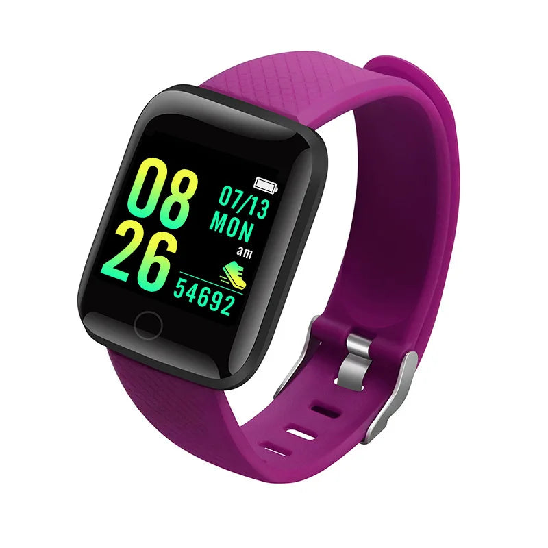 Montre connectée pas chère en violet avec écran LED affichant l'heure et les pas