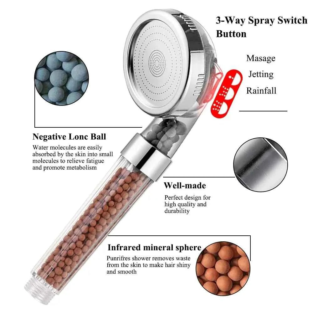 Pommeau de douche spa avec trois modes de jet et billes minérales pour une expérience de douche relaxante