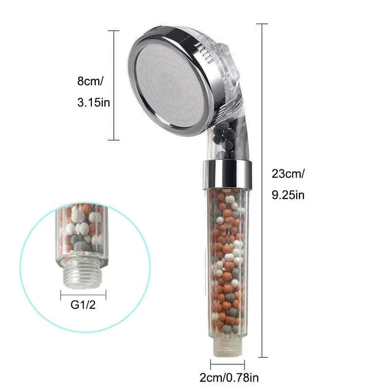 Pommeau de douche spa transparent avec perles de filtration et design ergonomique pour une expérience relaxante