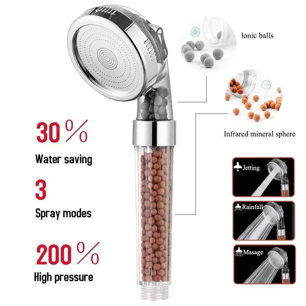 Pommeau de douche spa avec 3 modes de pulvérisation et boules minérales pour économiser l'eau