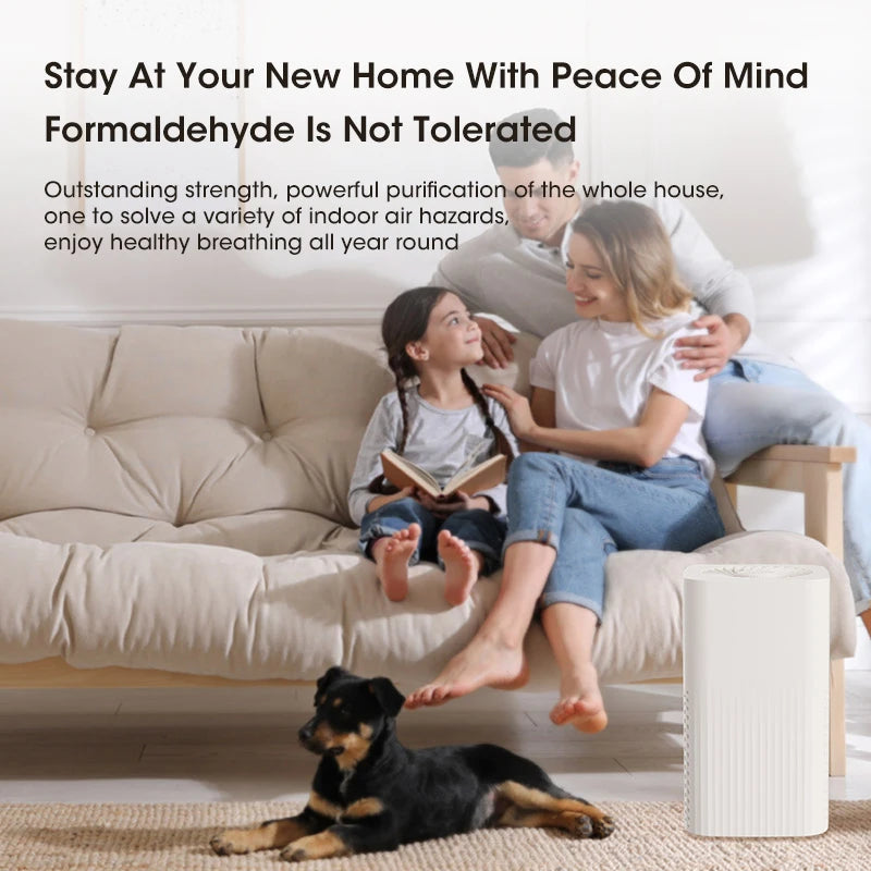 Purificateur d'air portable en blanc sur une table, améliorant la qualité de l'air intérieur.