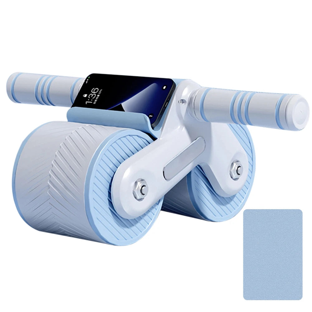 Roue abdominale portable avec supports pour smartphone et poignées antidérapantes en bleu