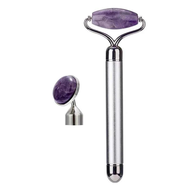 Rouleau de massage en jade vibrant violet avec tête amovible pour un soin relaxant du visage