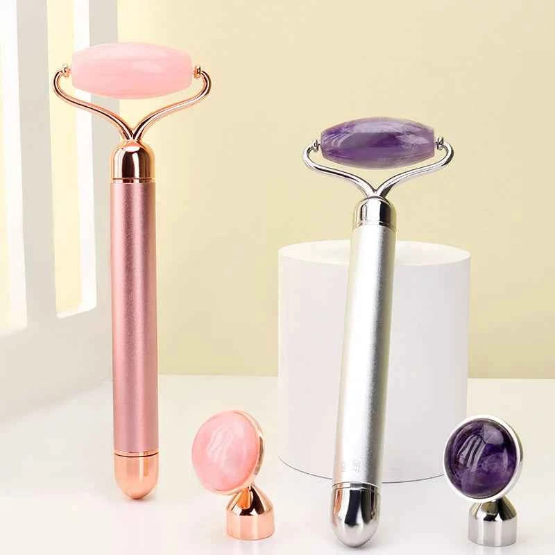 Rouleau de massage en jade brillant avec deux têtes en jade rose et violet pour un soin du visage revitalisant