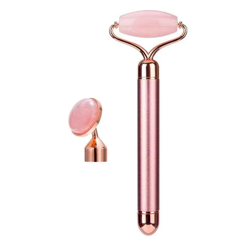 Rouleau de massage en jade vibrant avec tête en rose, parfait pour le soin de la peau et la relaxation