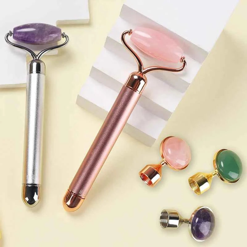 Rouleau de massage en jade vibrant avec têtes interchangeables pour soins du visage et relaxation