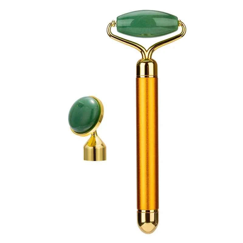 Rouleau de massage en jade vibrant avec poignée dorée pour un soin du visage relaxant