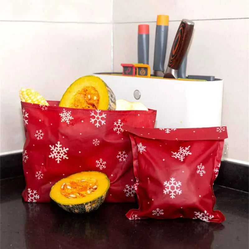 Sac alimentaire en cire d'abeille rouge avec motifs flocons pour conserver les aliments frais