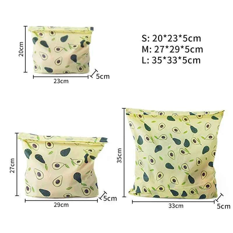 Trois tailles de sacs alimentaires en cire d'abeille avec motifs d'avocat, pratiques pour la conservation des aliments
