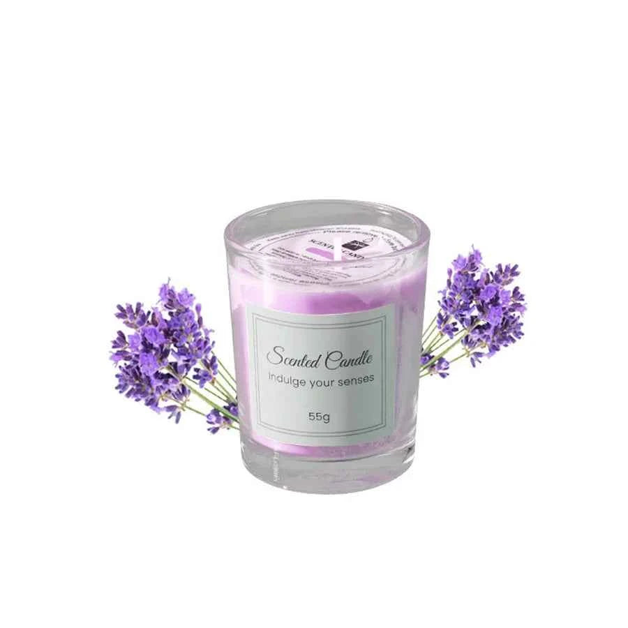 Bougie aromathérapie soja parfumée à la lavande dans un verre élégant de 55g