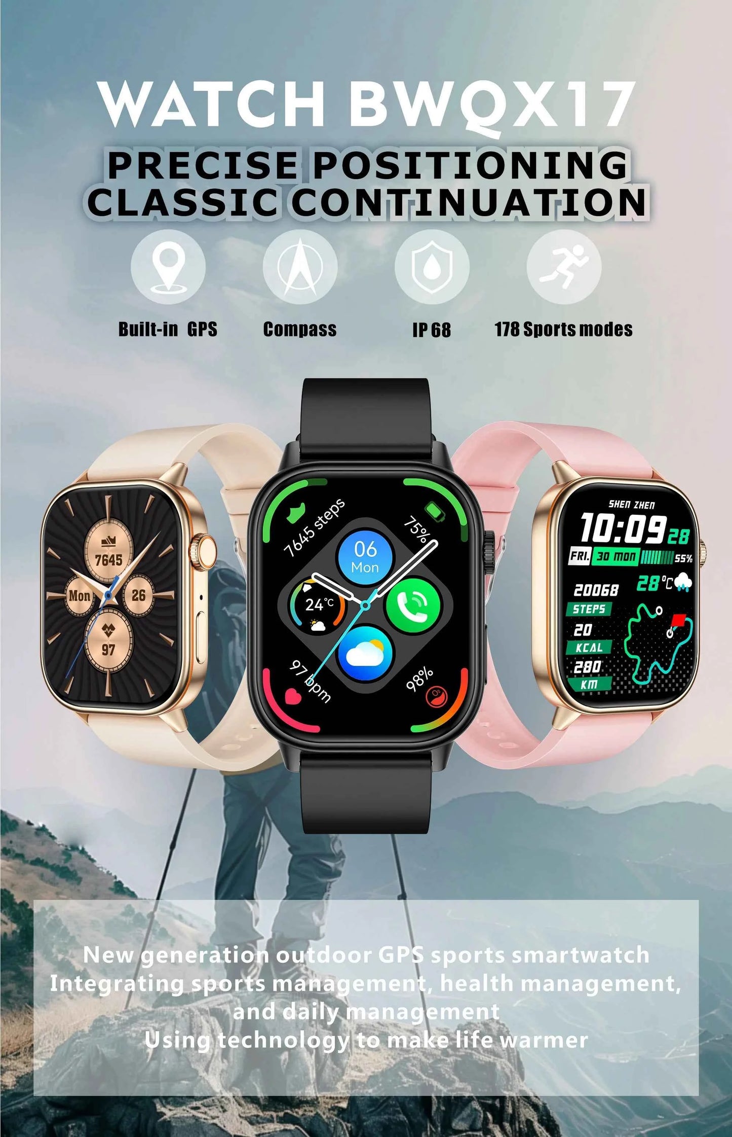 Montre intelligente BWQX17 avec GPS intégré et suivi performance montre intelligente pour le sport et la santé