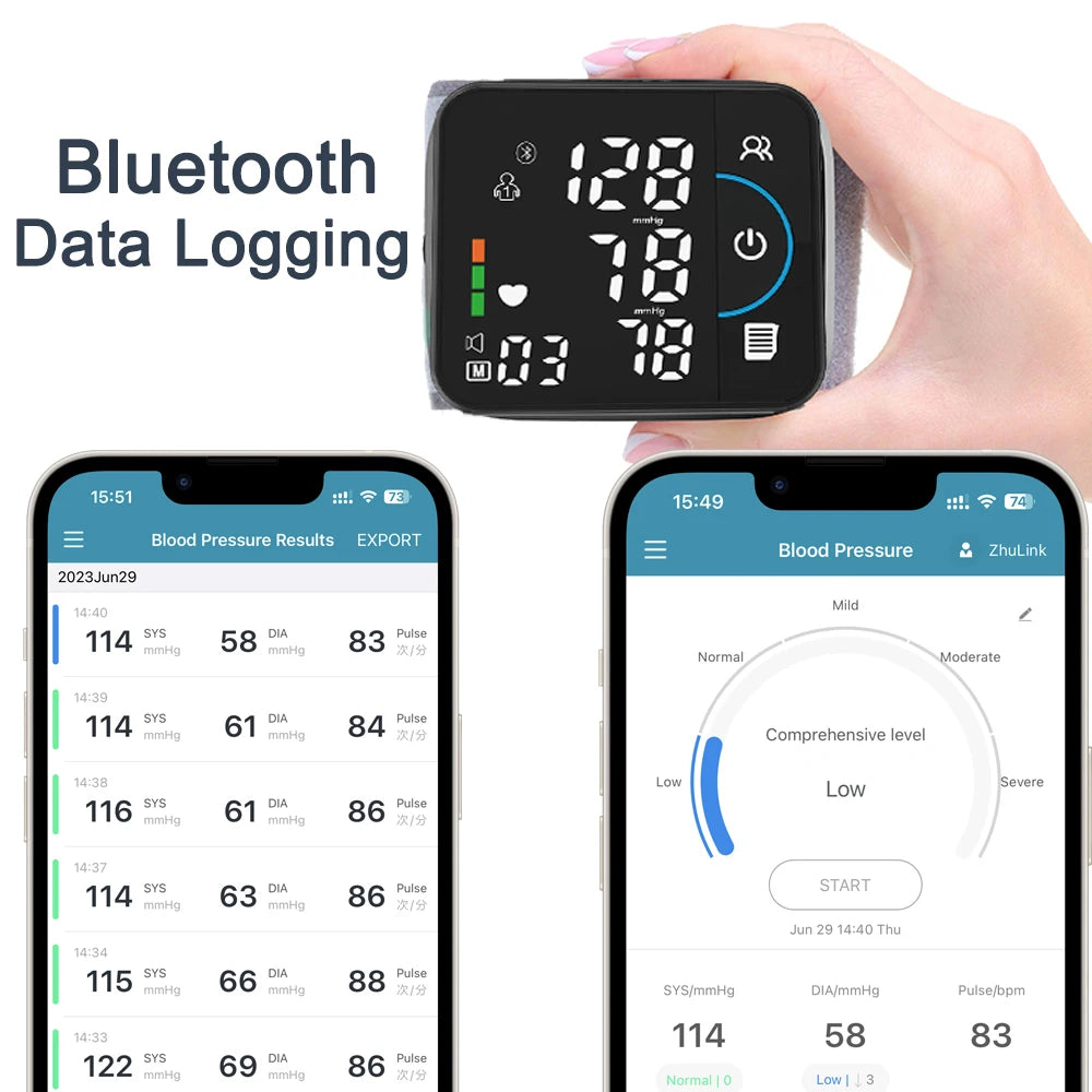 Tensiomètre intelligent Bluetooth avec écran affichant des résultats de pression artérielle et statistiques