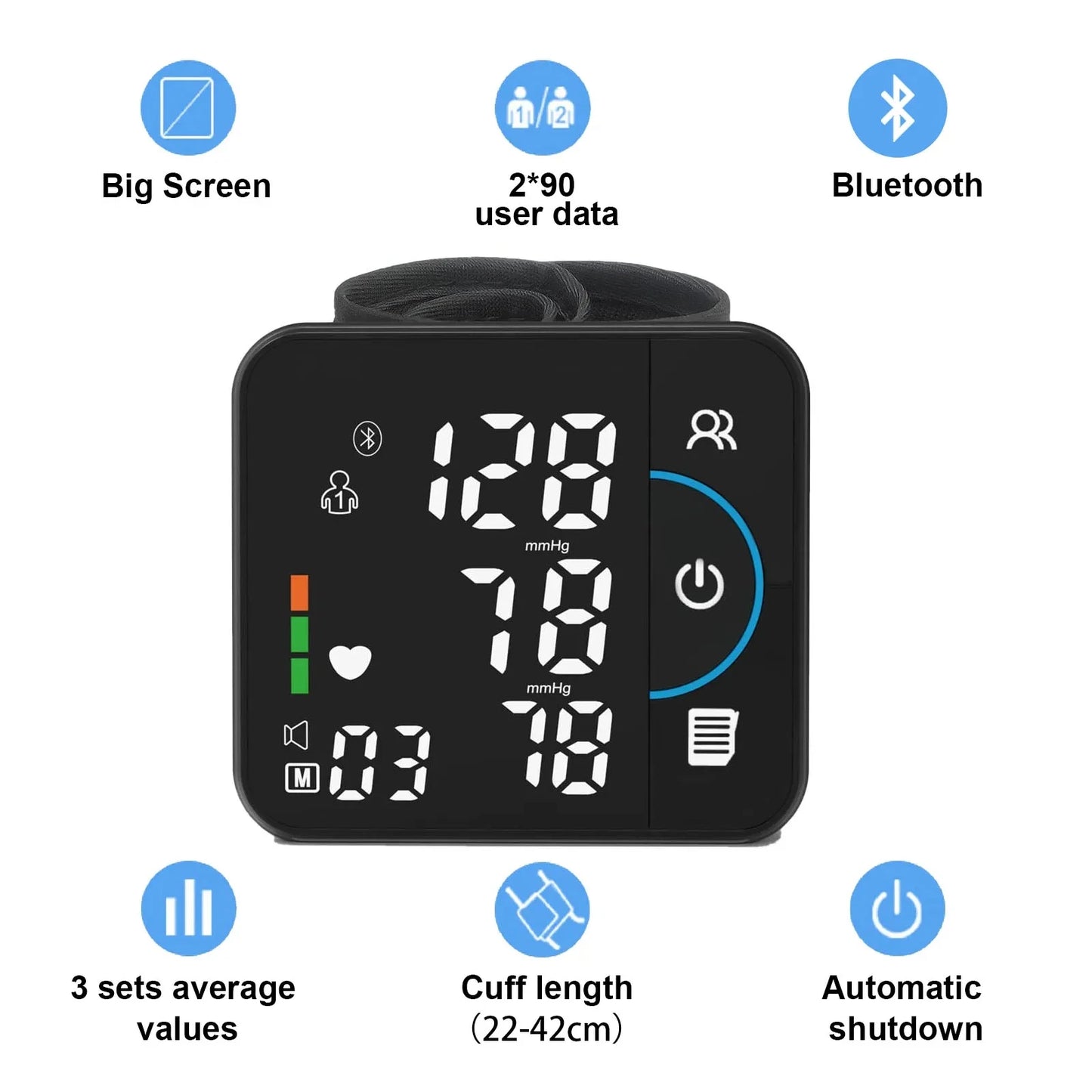 Tensiomètre intelligent Bluetooth avec écran large et trois valeurs moyennes affichées