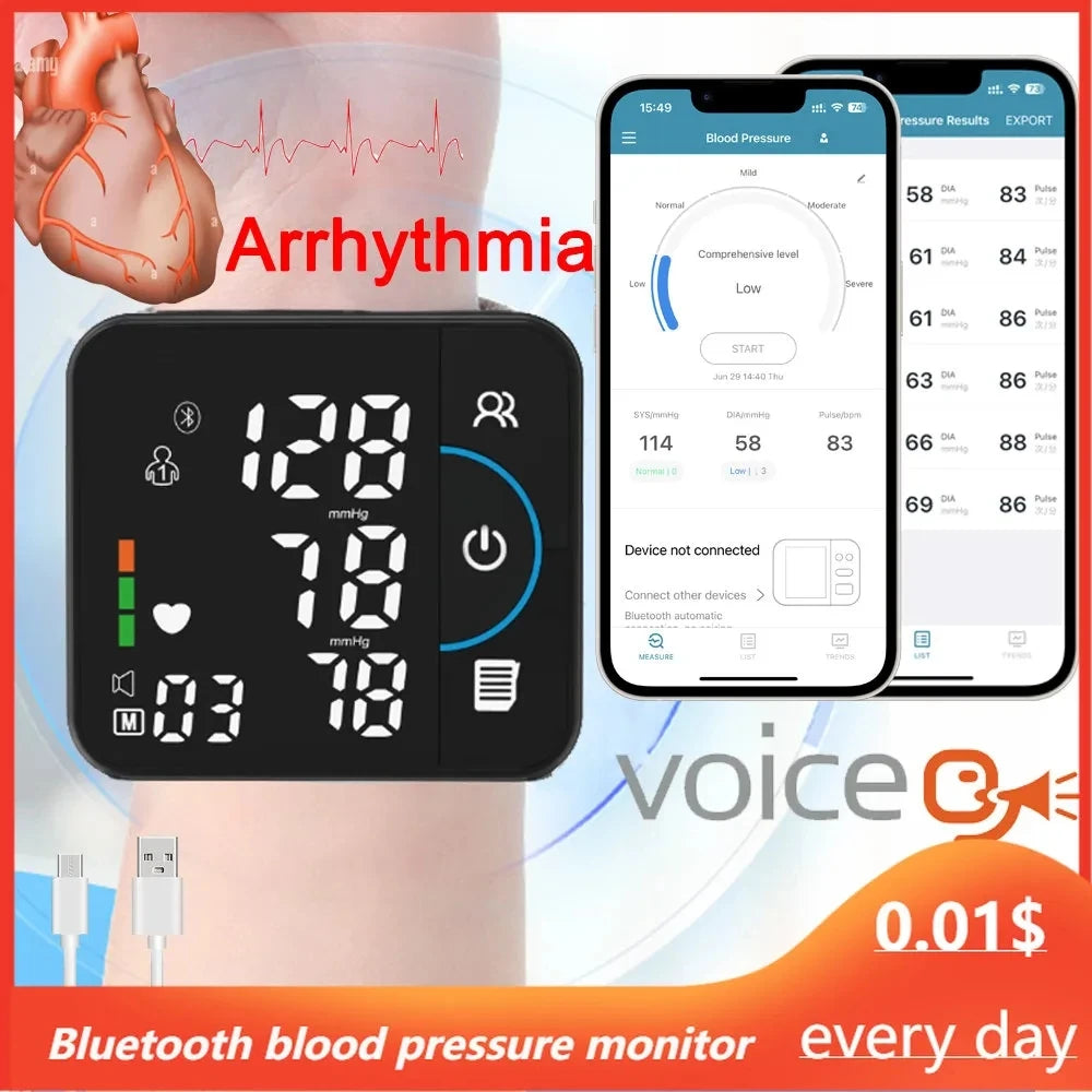 Tensiomètre intelligent Bluetooth affichant les résultats de pression artérielle sur écran et application mobile