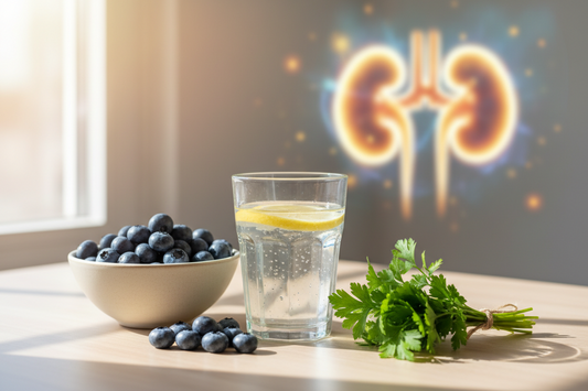 Verre d'eau citronnée, myrtilles et persil sur une table, illustrant les solutions naturelles pour la santé rénale.