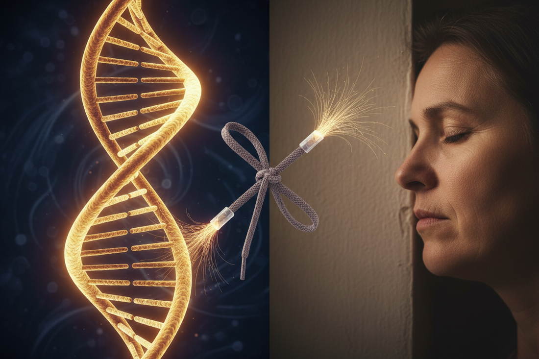 Représentation conceptuelle du vieillissement cellulaire : une hélice d'ADN lumineuse à côté d'un parent fatigué, illustrant le raccourcissement des télomères lié au stress parental.