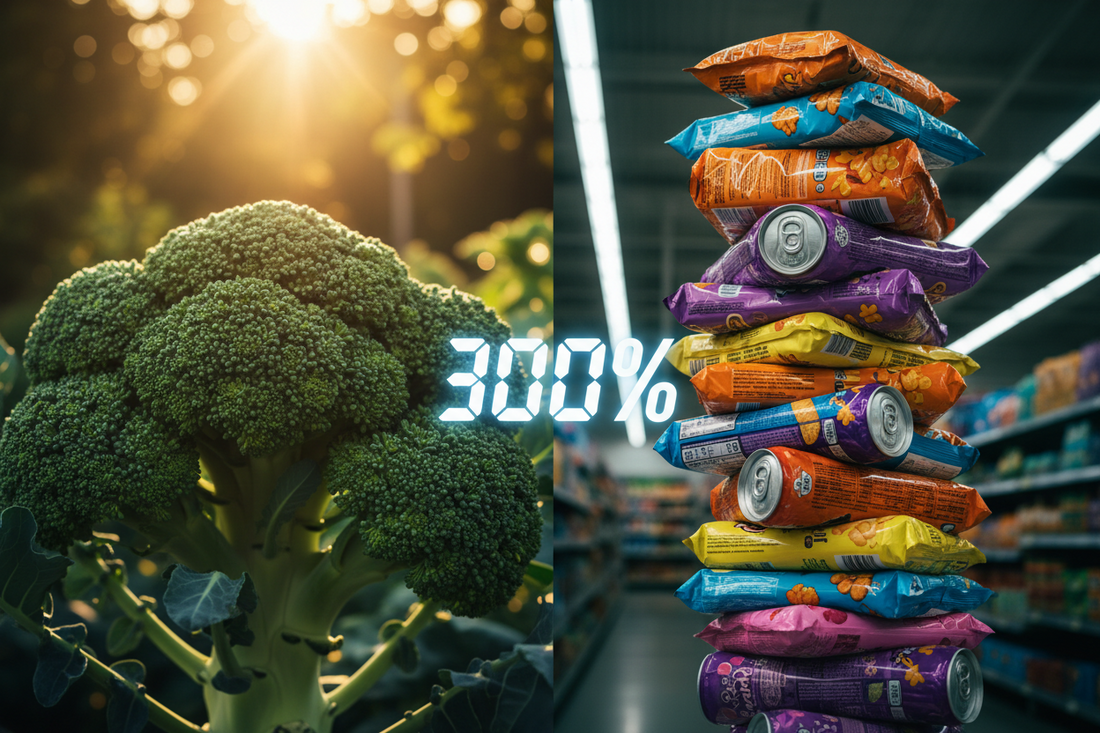 Comparaison visuelle entre un brocoli frais et des produits ultra-transformés illustrant la différence de marge de la grande distribution.