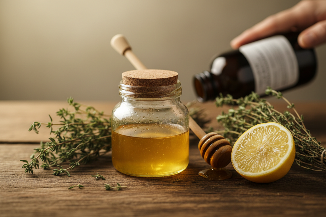 Préparation naturelle contre la toux à base de miel de thym, citron frais et plantes médicinales sur une table en bois, alternative aux sirops pharmaceutiques.