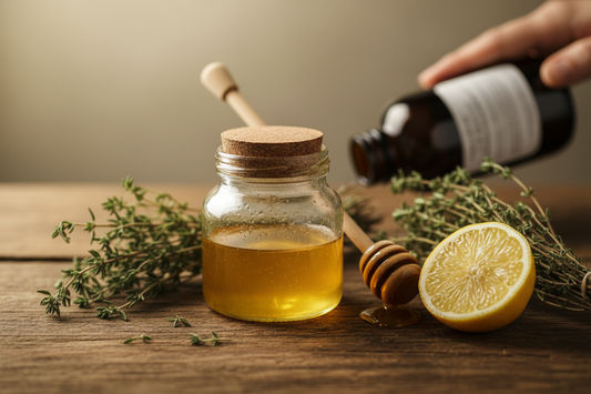Préparation naturelle contre la toux à base de miel de thym, citron frais et plantes médicinales sur une table en bois, alternative aux sirops pharmaceutiques.