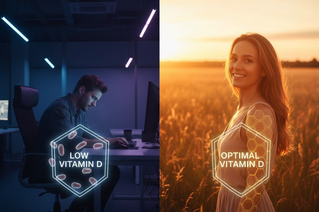 Schéma comparatif entre l'absence de soleil (carence) et l'exposition progressive pour le renforcement immunitaire et la production de Vitamine D.