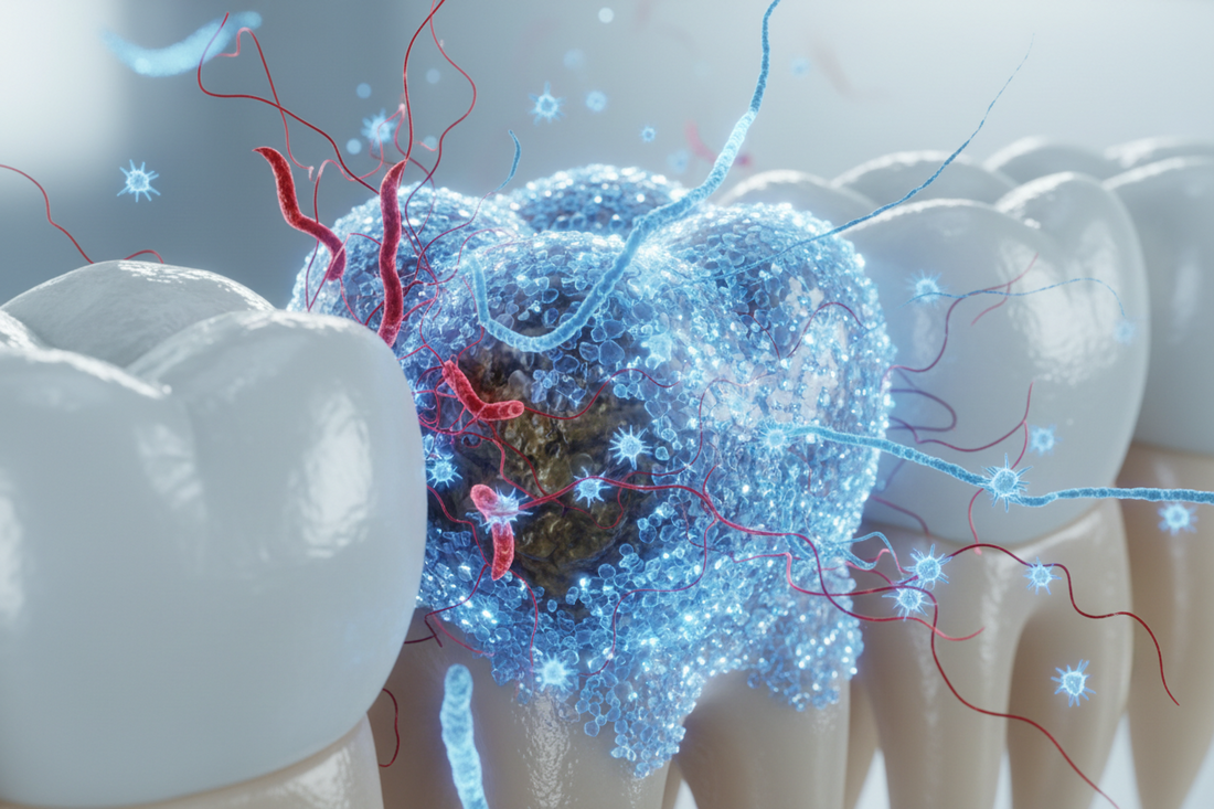 Schéma médical illustrant le processus de reminéralisation de l'émail dentaire et l'équilibre du microbiome buccal.