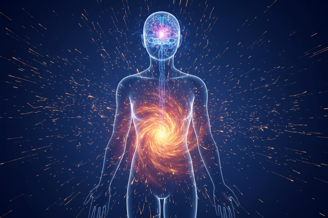 Illustration conceptuelle montrant la connexion entre les flux énergétiques du cerveau et du système reproducteur humain.