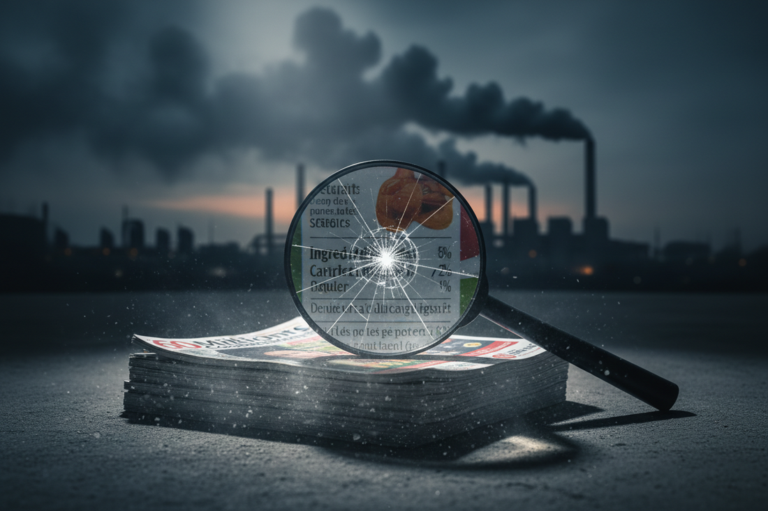 Loupe brisée sur une étiquette alimentaire symbolisant la fin de la protection des consommateurs face aux lobbys industriels.