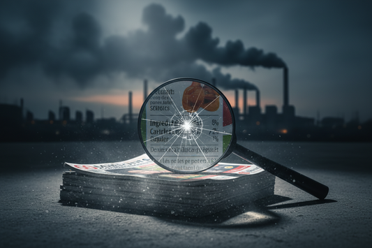 Loupe brisée sur une étiquette alimentaire symbolisant la fin de la protection des consommateurs face aux lobbys industriels.