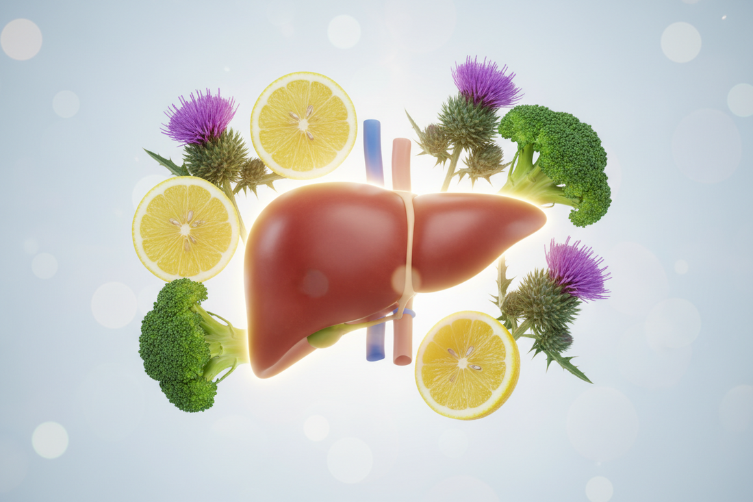 Illustration médicale d'un foie humain sain entouré de chardon-marie et de citron, symbolisant la régénération hépatique naturelle et la détoxification scientifique.