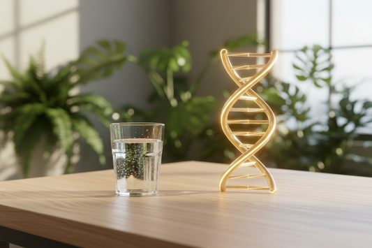 Comparaison visuelle entre le jeûne hydrique (verre d'eau) et la régénération cellulaire (ADN) pour illustrer les bienfaits du jeûne intermittent.