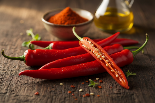 Piments rouges frais et épices sur une table, illustrant les bienfaits de la capsaïcine pour la santé cardiovasculaire et le métabolisme.