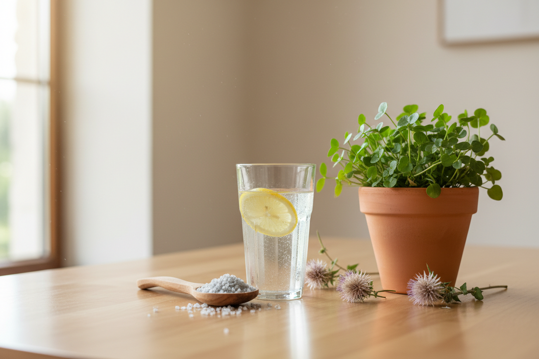 Infographie montrant un verre d'eau au sel de mer, une plante de Desmodium et un schéma du foie pour illustrer l'accompagnement du jeûne.