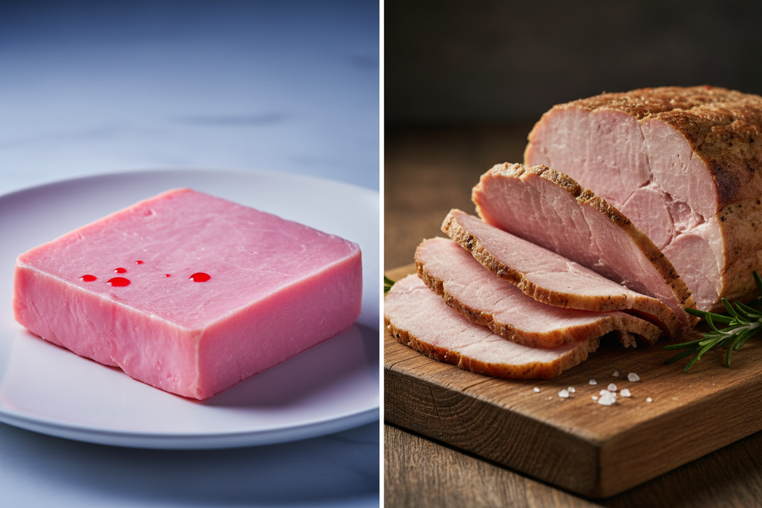 Comparaison entre une tranche de jambon industriel rose fluo aux nitrites et une tranche de jambon artisanal gris sans nitrites.