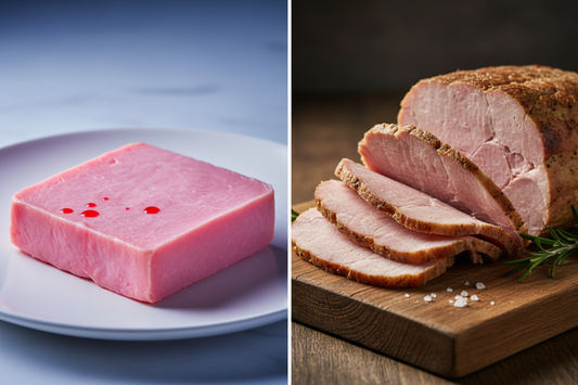 Comparaison entre une tranche de jambon industriel rose fluo aux nitrites et une tranche de jambon artisanal gris sans nitrites.