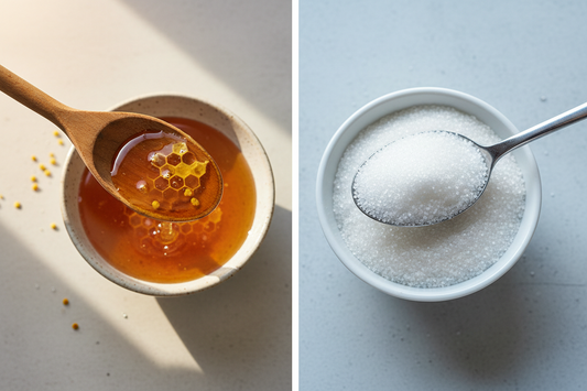 Comparatif visuel entre une cuillère de miel brut naturel riche en antioxydants et une cuillère de sucre blanc raffiné.