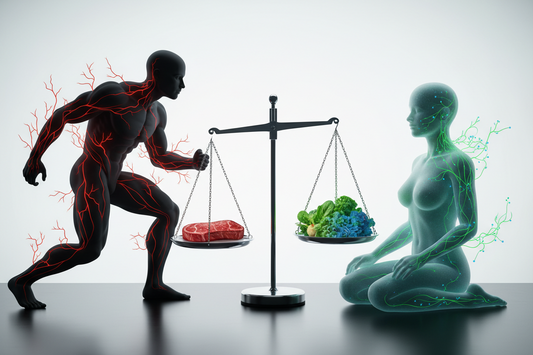 Illustration conceptuelle de la neuro-nutrition montrant l'équilibre entre l'agressivité (rouge) et l'empathie (bleu/vert) selon l'alimentation.