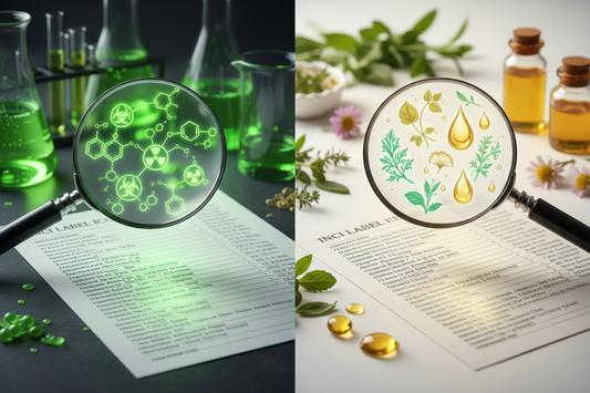 Décryptage d'une étiquette cosmétique INCI avec une loupe montrant les ingrédients naturels contre les ingrédients chimiques.